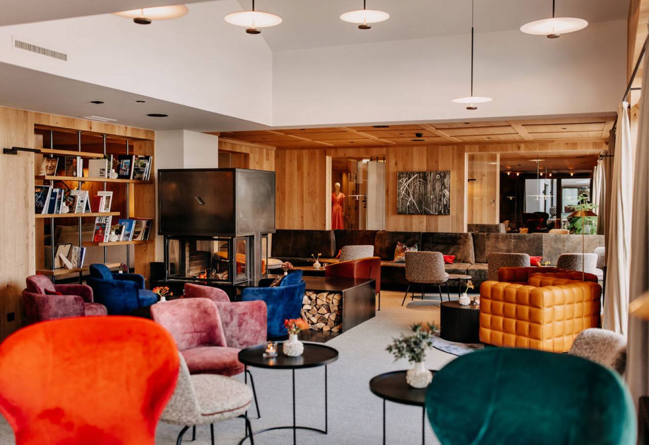 Artful lobby design as a cozy place at the Naturhotel Forsthofgut