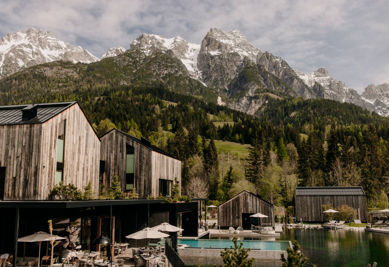 Terrace of the Naturhotel Forsthofgut in the sunset