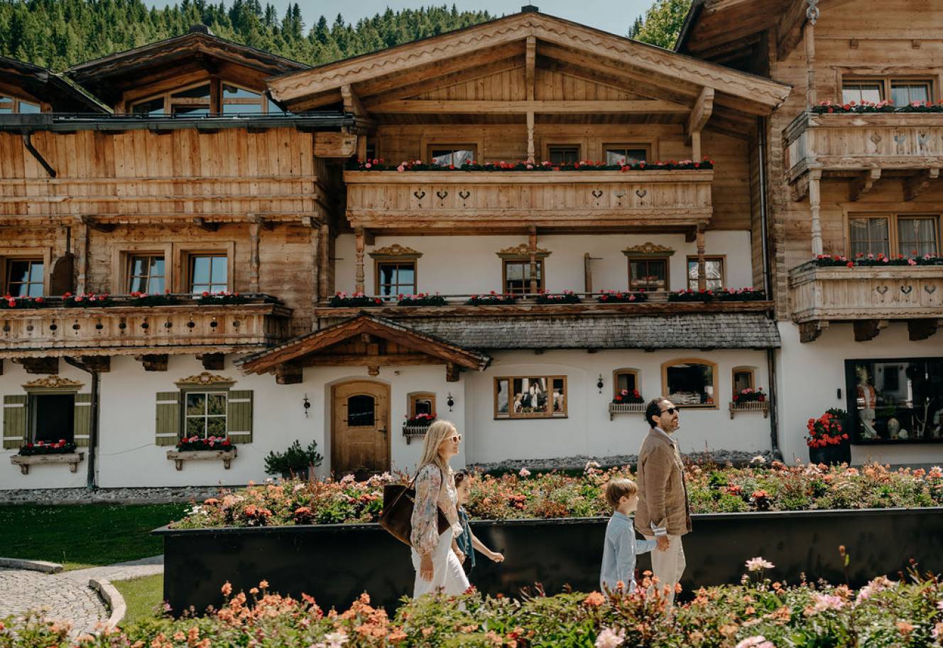 Terrace of the Naturhotel Forsthofgut in the sunset