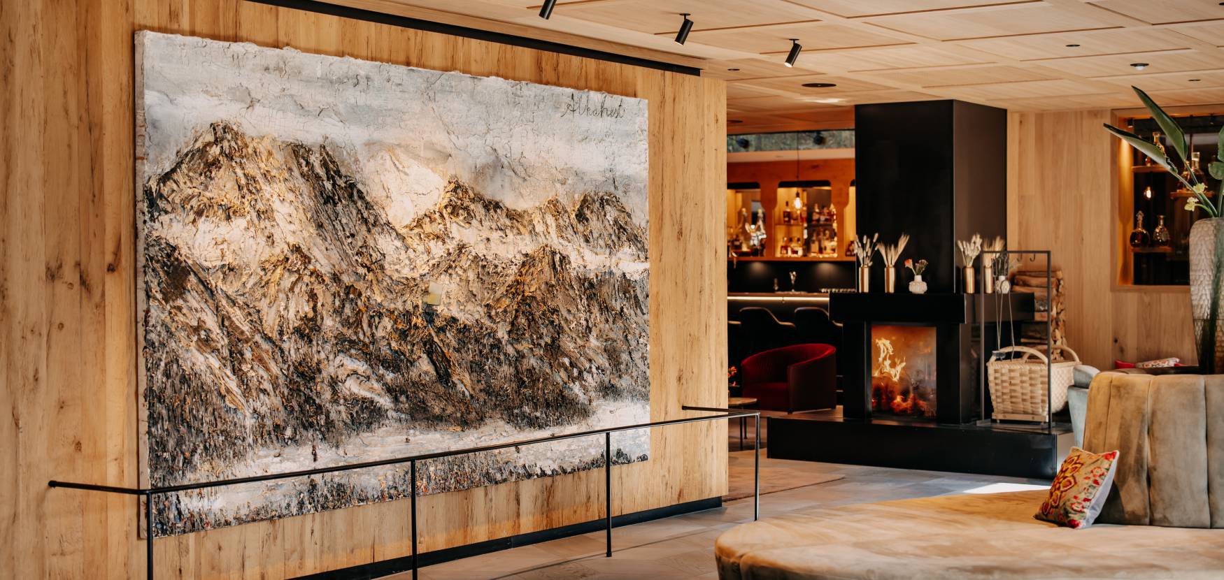 the artwork Alkahest created in 2011 by Anselm Kiefer in the lobby of the Naturhotel Forsthofgut