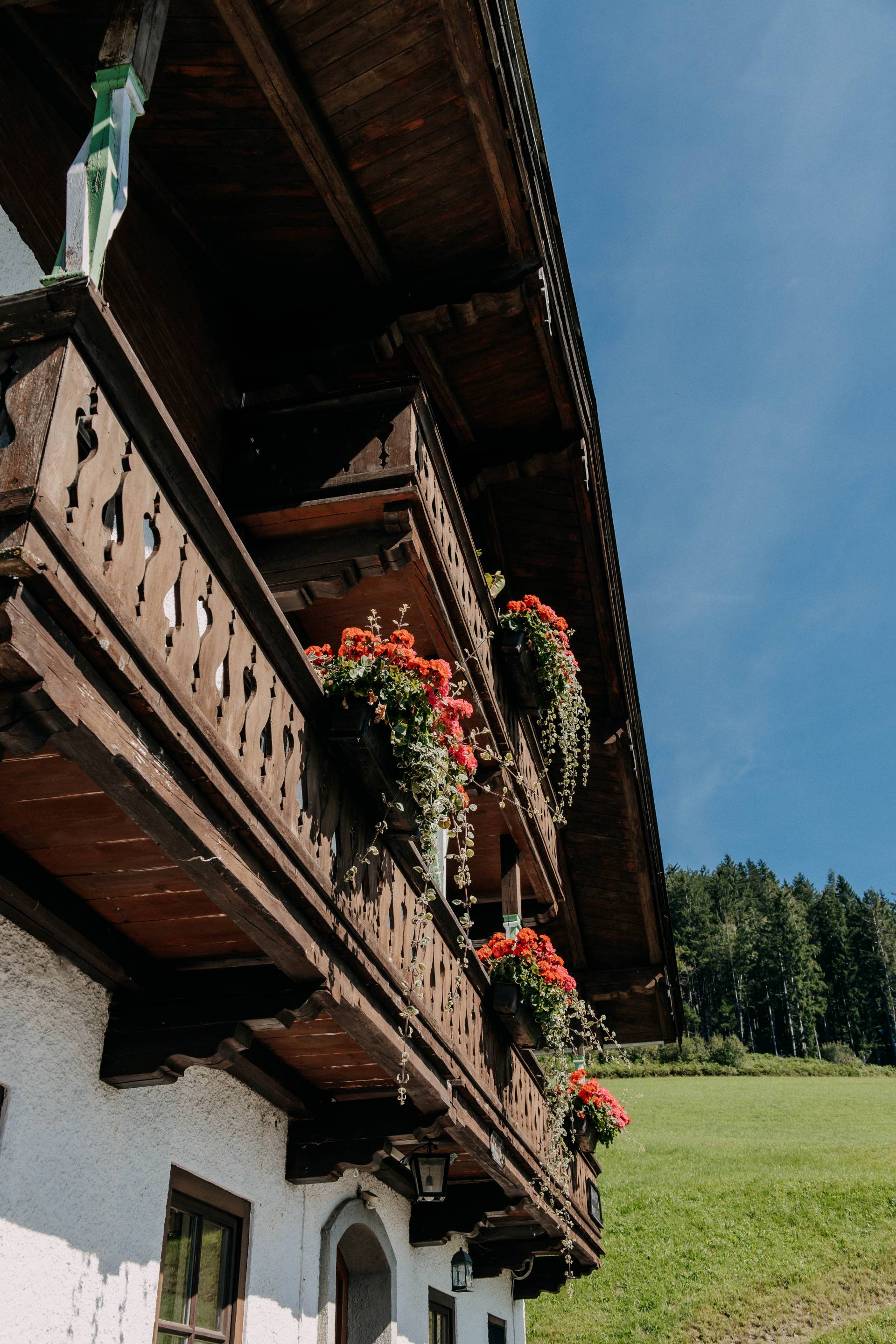 Balkon mit Geranien im Naturhotel Forsthofgut