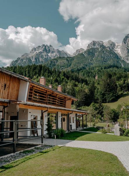 Riding stable in the summer with the mountains in the background