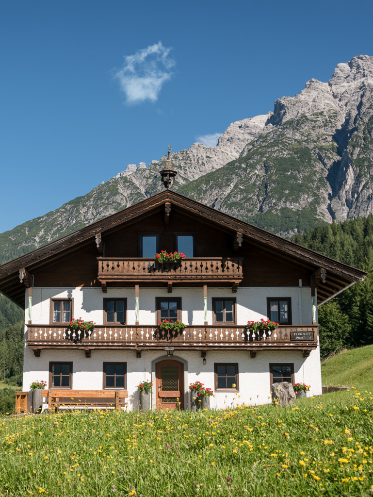 Bauernhof Mauthof vor den Bergen mit Wiese