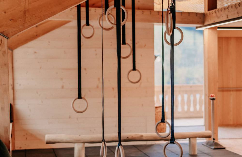 Sports rings hang from the sloping ceiling