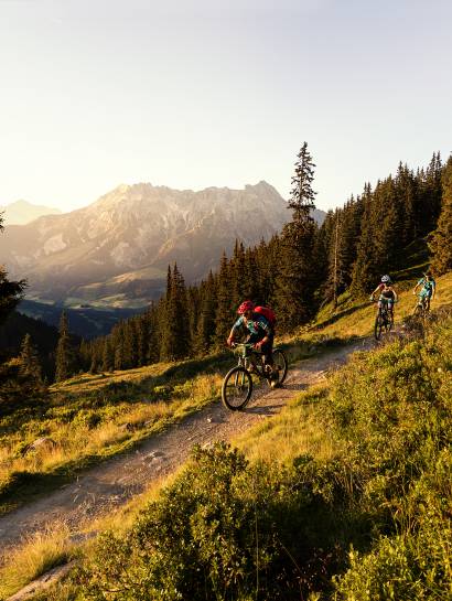 Biker fahren Berg herunter in Österreich