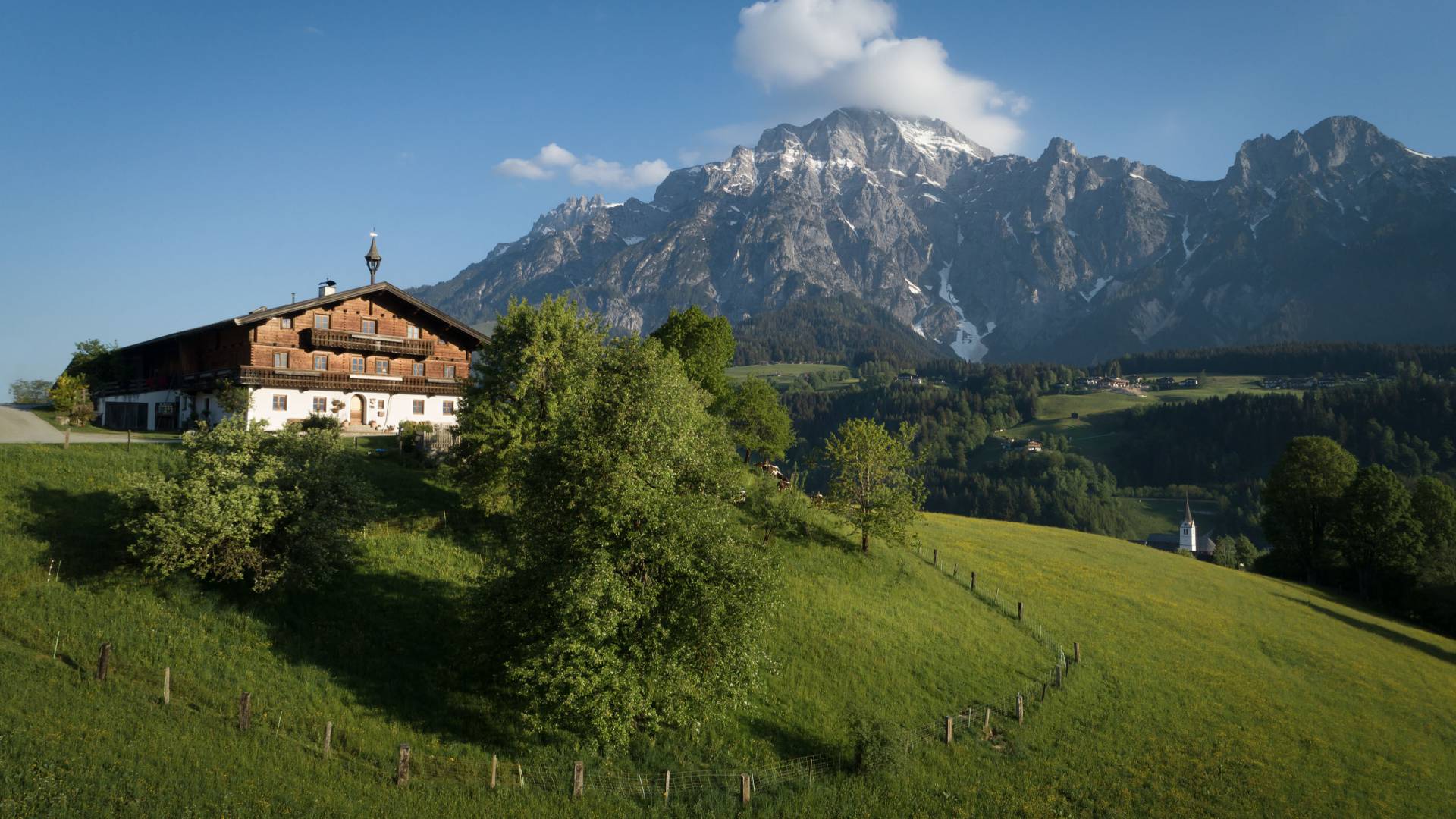 Ein Forsthof auf dem Berg mit Wiese und Leoganger Steinberge