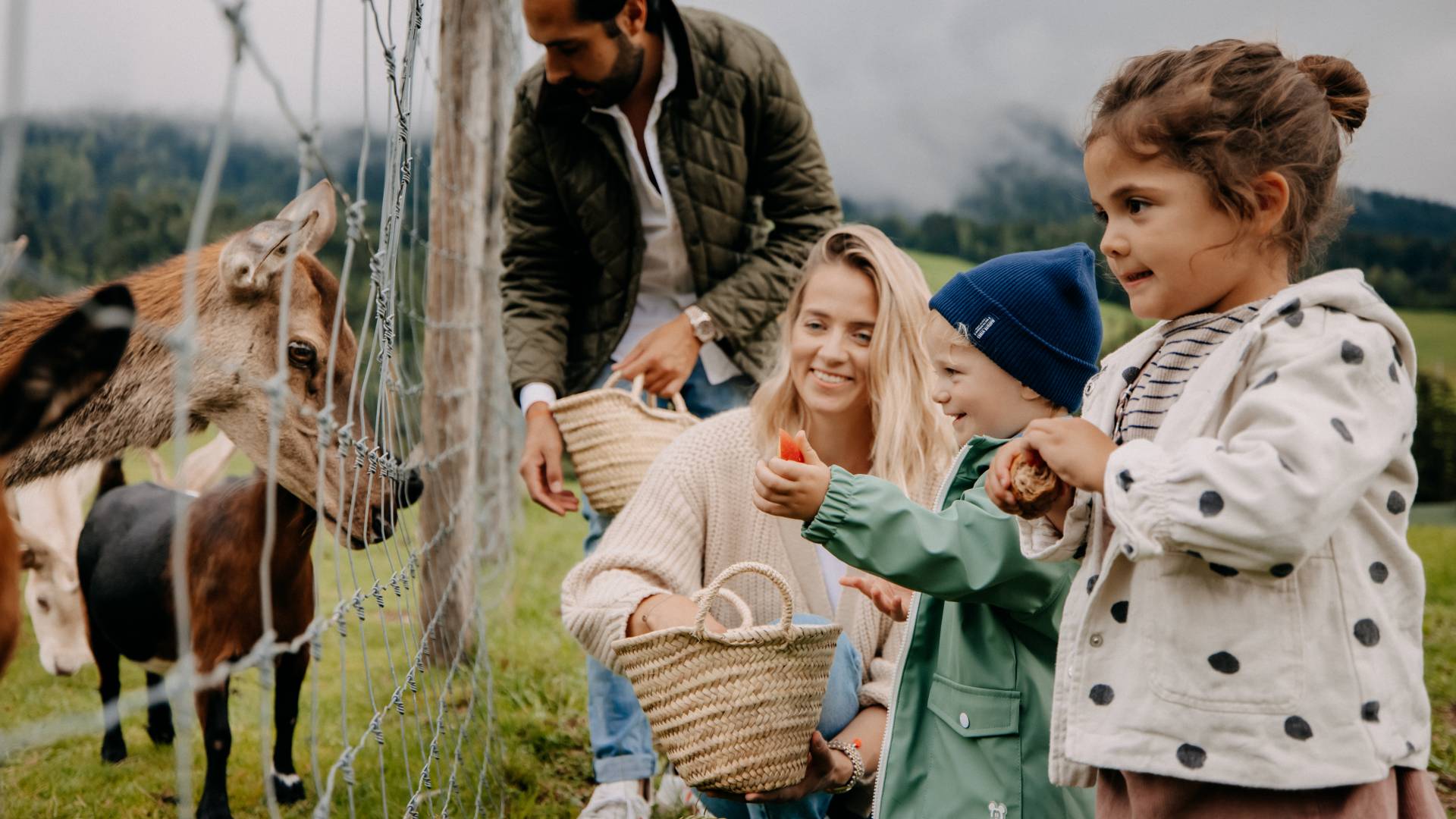 Familie beim Füttern der Tiere im Wildgehege bei herbstlichem Regenwetter.