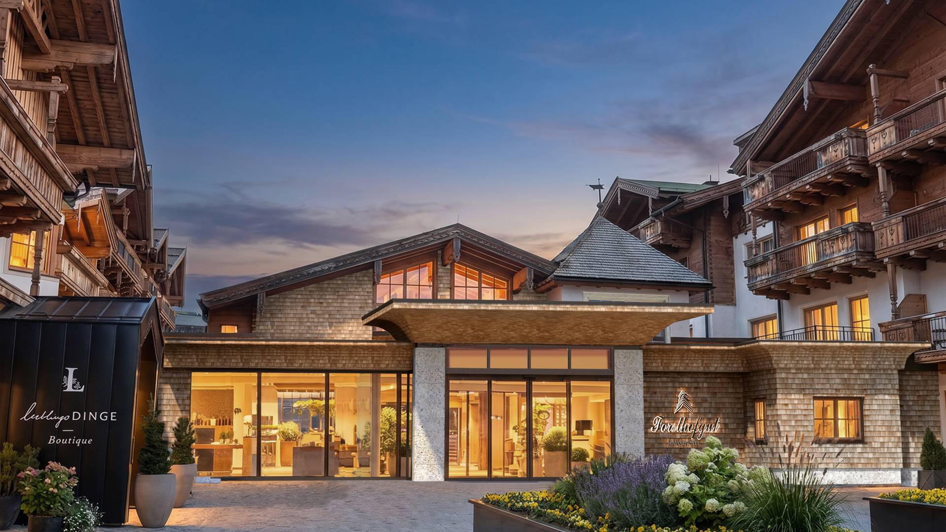 Visualisierung einer neu gebauten Hotel-Lobby Naturhotel Forsthofgut