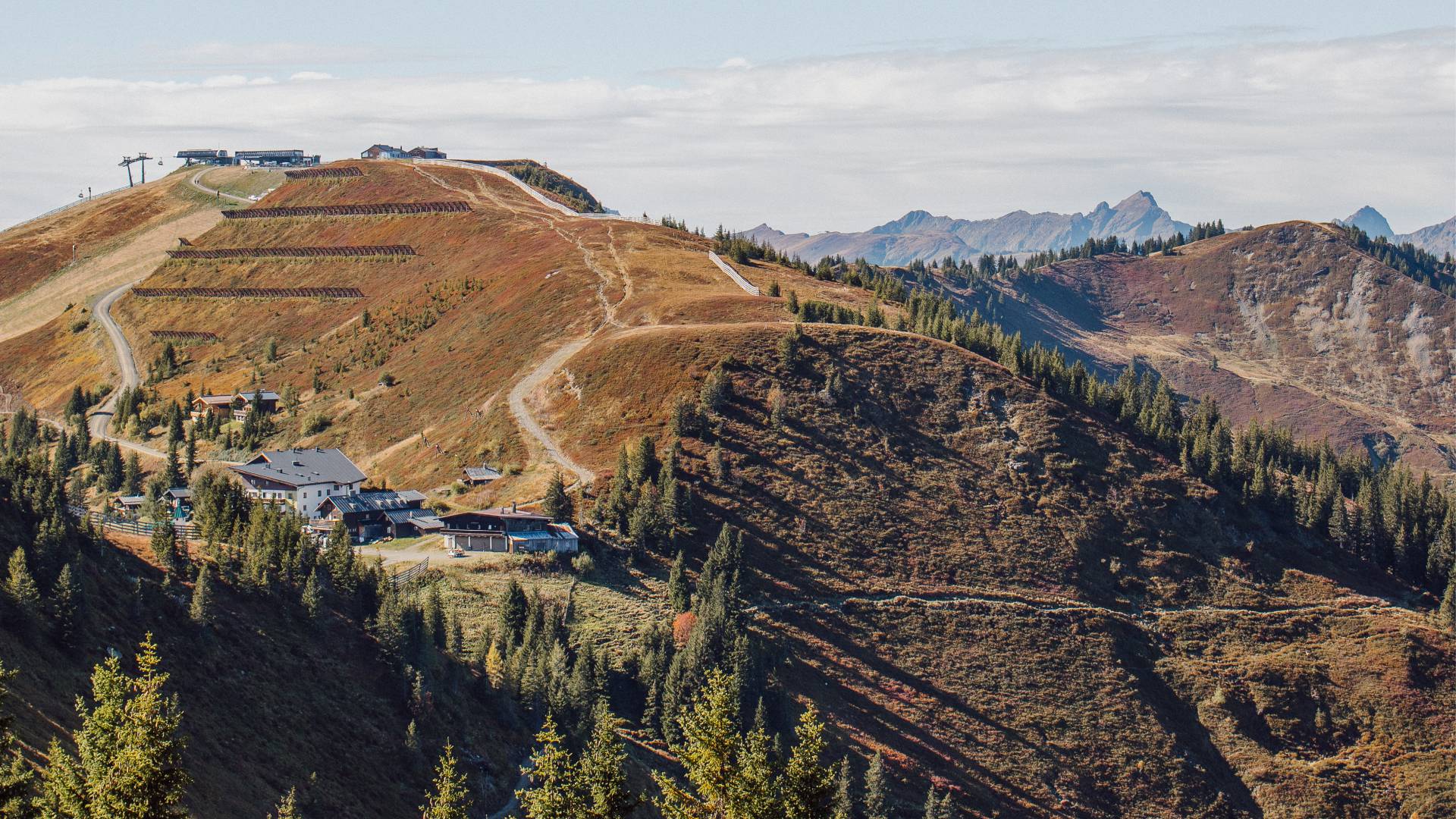 Panoramablick auf herbstliche Almwiesen, Wanderwege und Berghütten in Leogang, umgeben von den beeindruckenden Gipfeln der Salzburger Alpen.