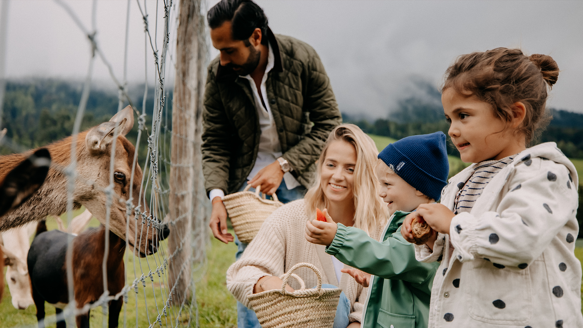 Familie mit Kindern füttert Tiere im Wildtiergehege beim Naturhotel Forsthofgut.