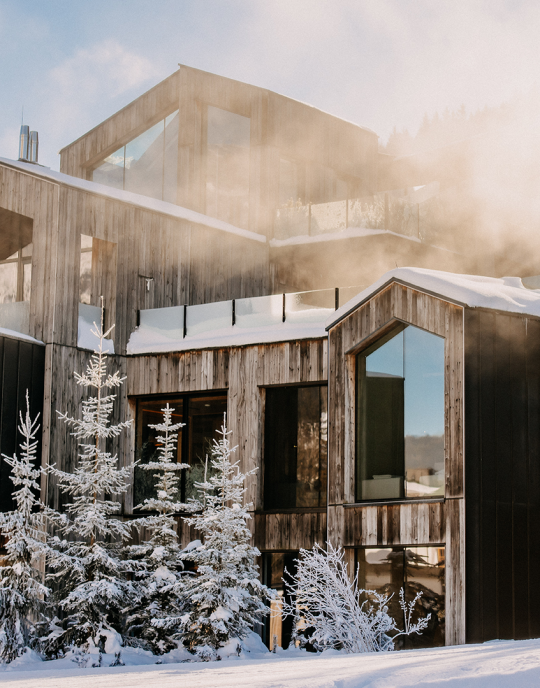 Exterior view of the Forsthofgut waldSPA in winter with snow-covered facade.