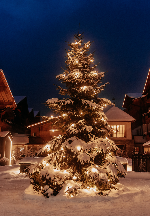 A Christmas tree surrounded by atmospheric lights in the snowy courtyard of the Naturhotel Forsthofgut at dusk.
