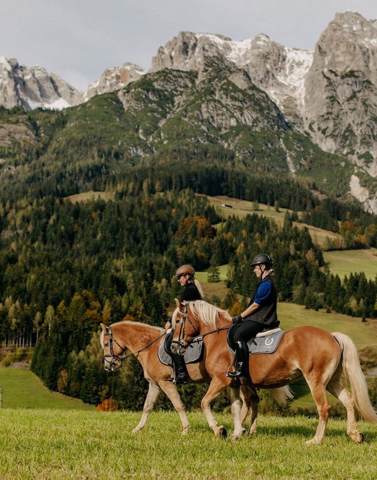 Zwei Reiter auf Haflingern bei einem Ausritt durch grüne Wiesen mit Blick auf die Leoganger Steinberge. 